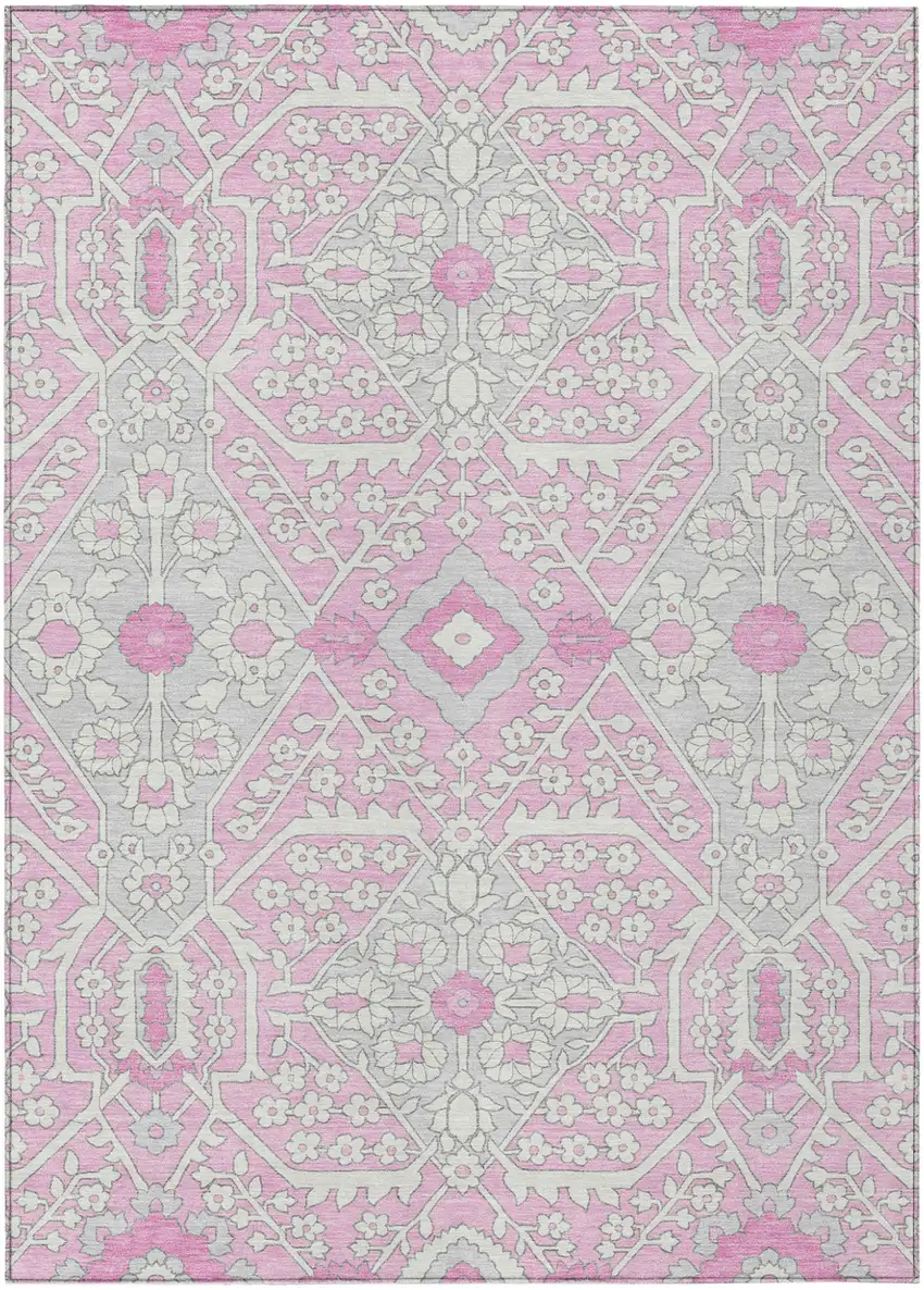Pink Ivory And Gray Floral Washable Indoor Outdoor Area Rug Photo 2