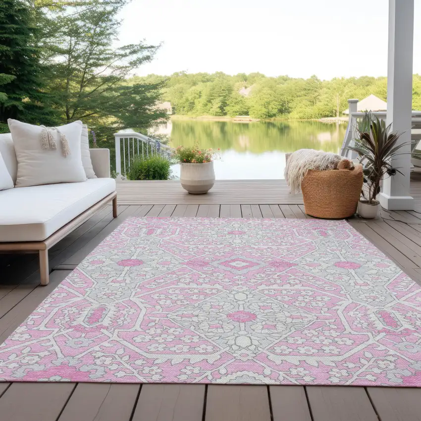 Pink Ivory And Gray Floral Washable Indoor Outdoor Area Rug Photo 9