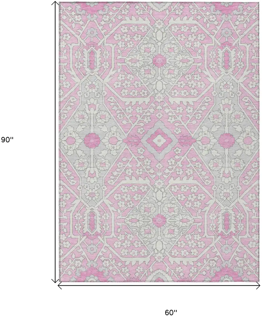 Pink Ivory And Gray Floral Washable Indoor Outdoor Area Rug Photo 3