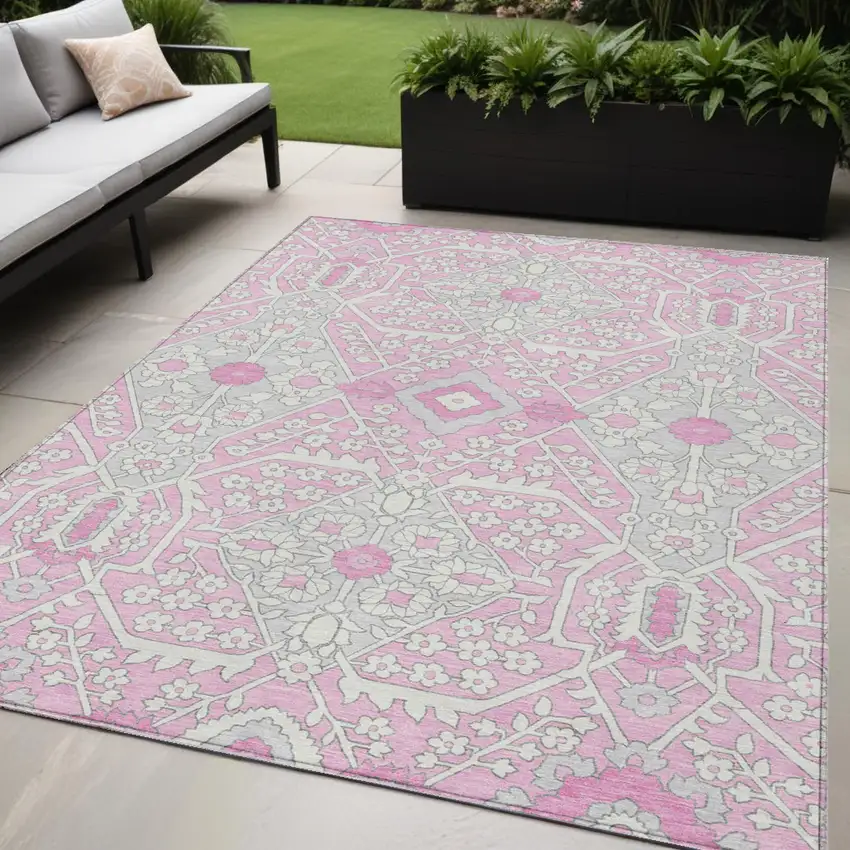 Pink Ivory And Gray Floral Washable Indoor Outdoor Area Rug Photo 1