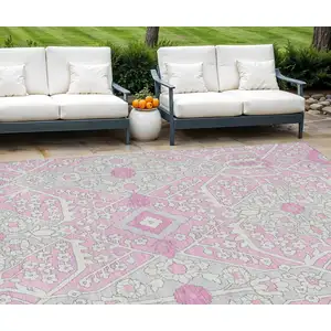 Photo of Pink Ivory And Gray Floral Washable Indoor Outdoor Area Rug