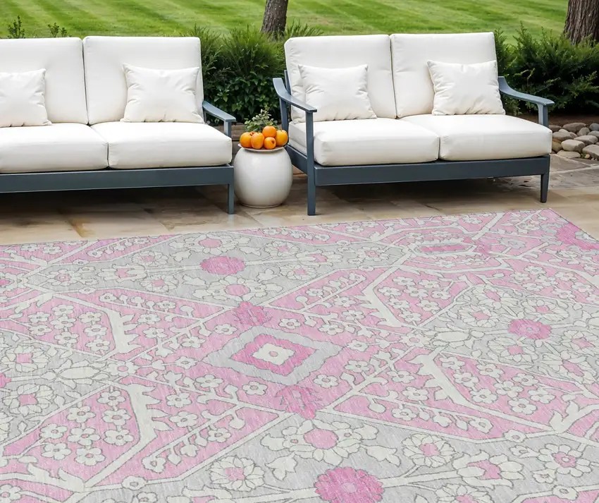 Pink Ivory And Gray Floral Washable Indoor Outdoor Area Rug Photo 1