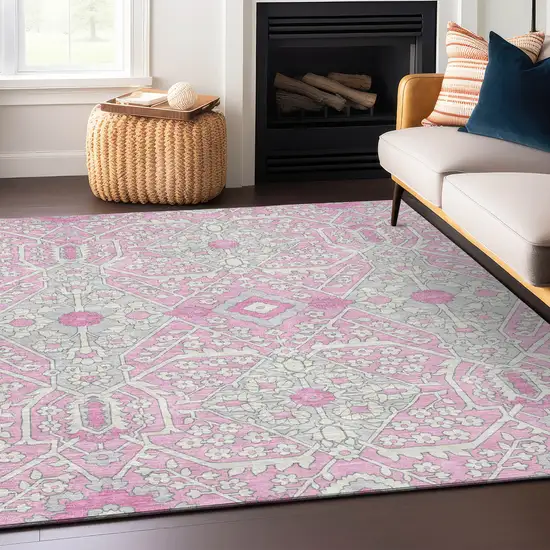Pink Ivory And Gray Floral Washable Indoor Outdoor Area Rug Photo 8