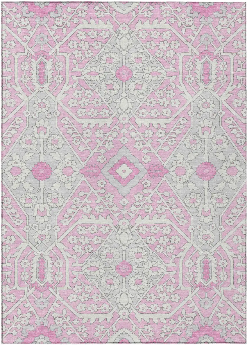 Pink Ivory And Gray Floral Washable Indoor Outdoor Area Rug Photo 2