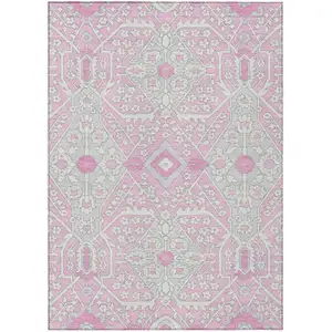 Photo of Pink Ivory And Gray Floral Washable Indoor Outdoor Area Rug