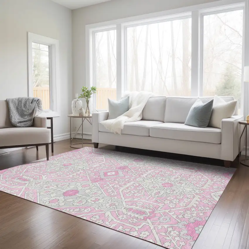 Pink Ivory And Gray Floral Washable Indoor Outdoor Area Rug Photo 9