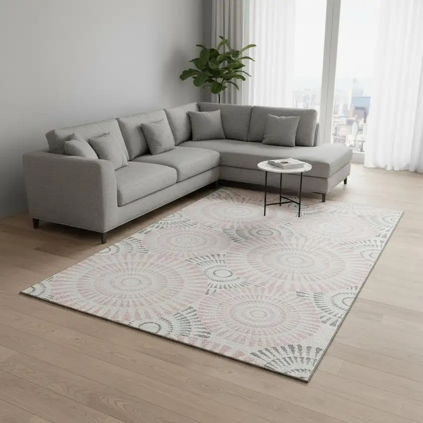 Pink Ivory And Gray Geometric Washable Area Rug With UV Protection Photo 2