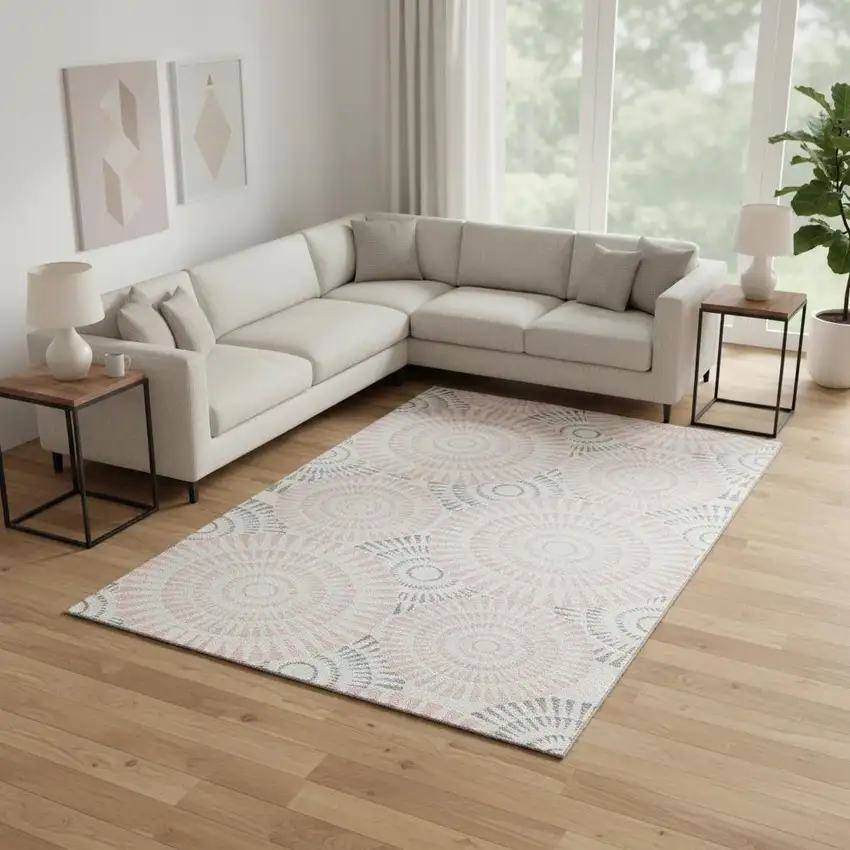 Pink Ivory And Gray Geometric Washable Area Rug With UV Protection Photo 2