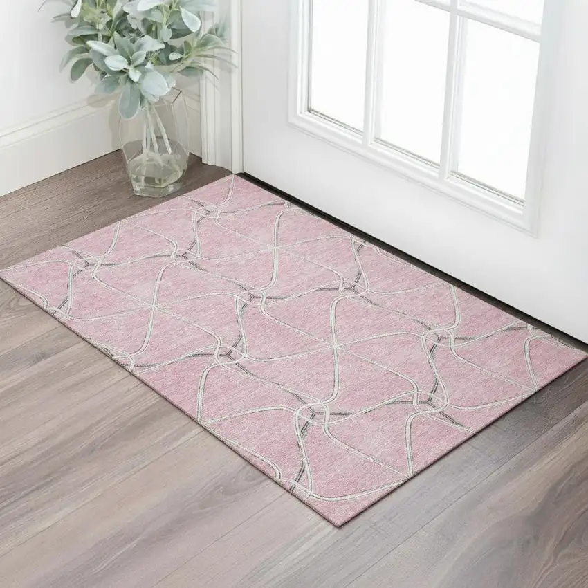 Pink Ivory And Gray Geometric Washable Area Rug With UV Protection Photo 2