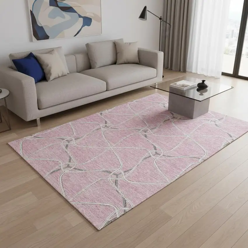 Pink Ivory And Gray Geometric Washable Area Rug With UV Protection Photo 2