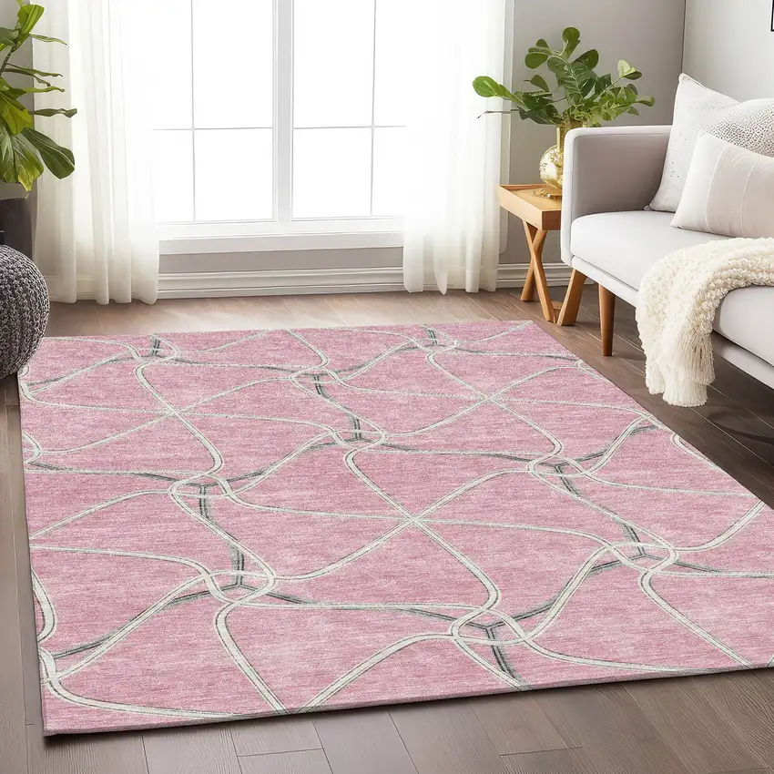 Pink Ivory And Gray Geometric Washable Area Rug With UV Protection Photo 3