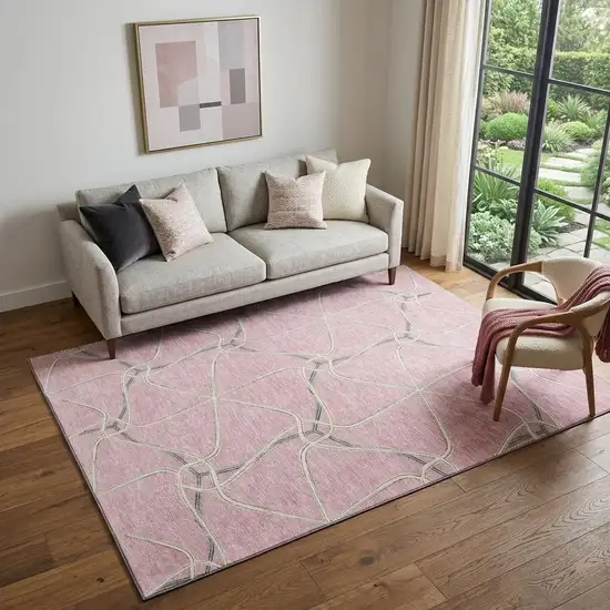 Pink Ivory And Gray Geometric Washable Area Rug With UV Protection Photo 1
