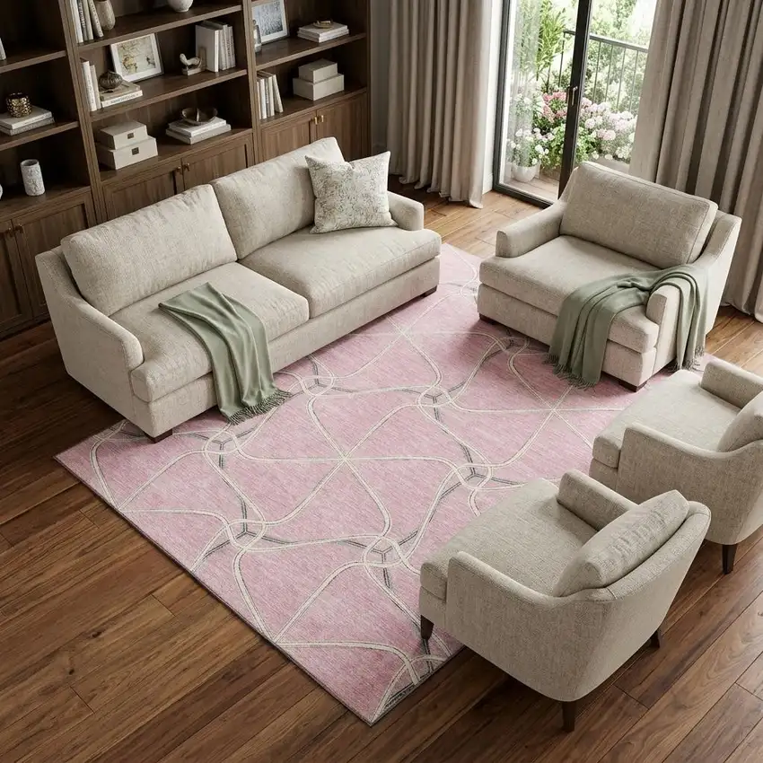 Pink Ivory And Gray Geometric Washable Area Rug With UV Protection Photo 1