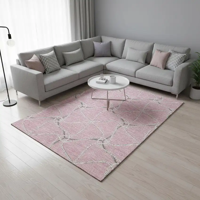 Pink Ivory And Gray Geometric Washable Area Rug With UV Protection Photo 2