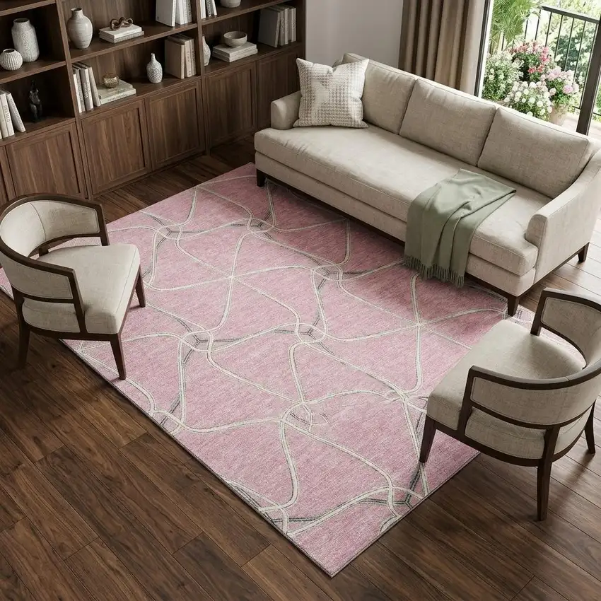 Pink Ivory And Gray Geometric Washable Area Rug With UV Protection Photo 1