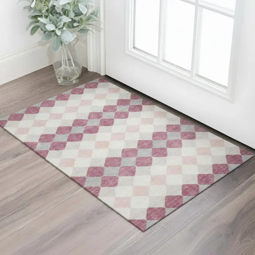 Pink Ivory And Gray Geometric Washable Area Rug With UV Protection Photo 2