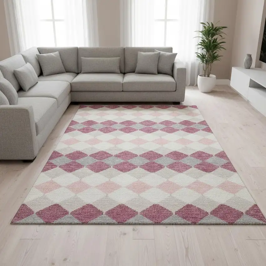 Pink Ivory And Gray Geometric Washable Area Rug With UV Protection Photo 2