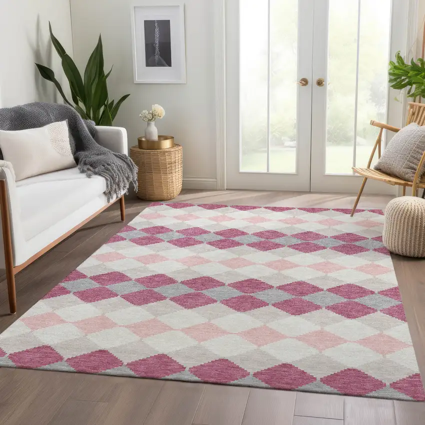 Pink Ivory And Gray Geometric Washable Area Rug With UV Protection Photo 4
