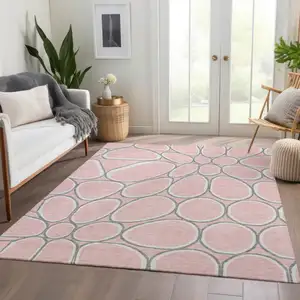 Photo of Pink Ivory And Gray Geometric Washable Area Rug With UV Protection