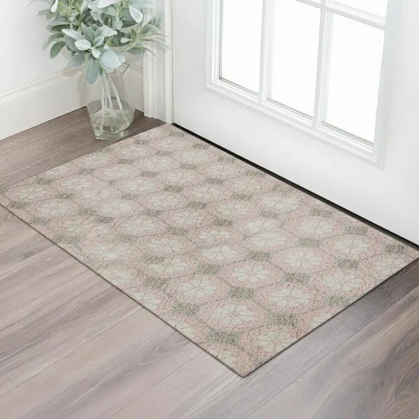 Pink Ivory And Gray Geometric Washable Area Rug With UV Protection Photo 2