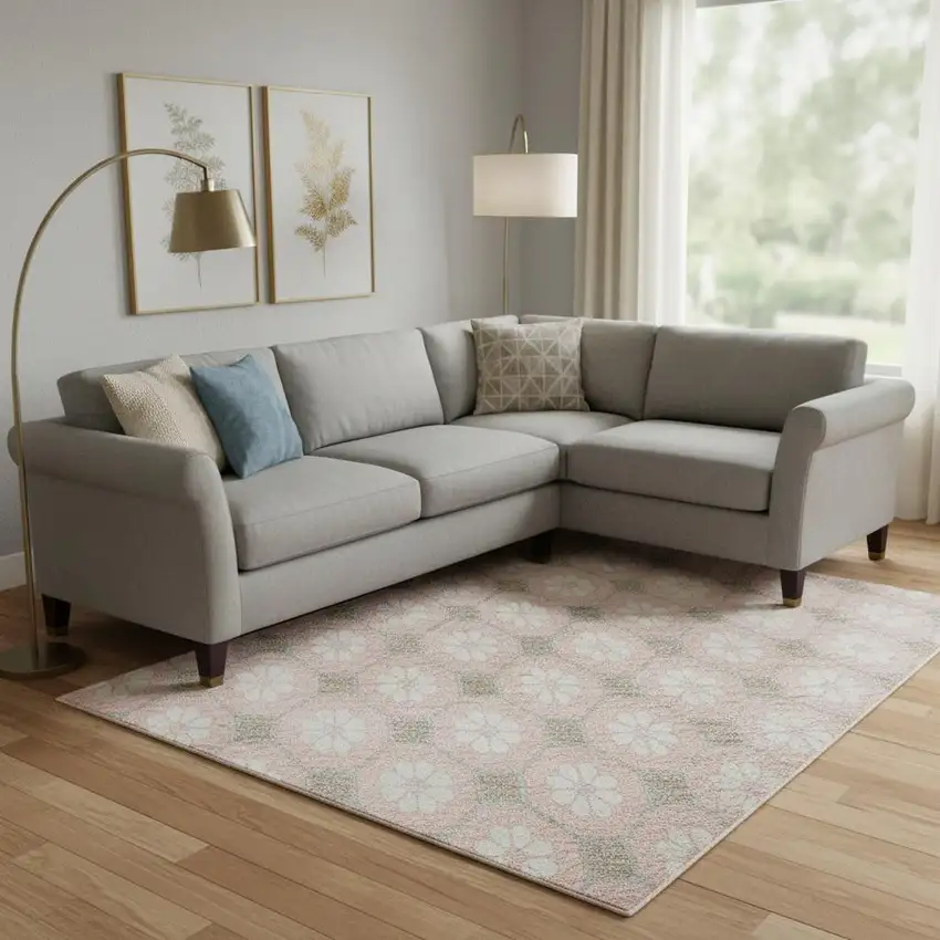 Pink Ivory And Gray Geometric Washable Area Rug With UV Protection Photo 2