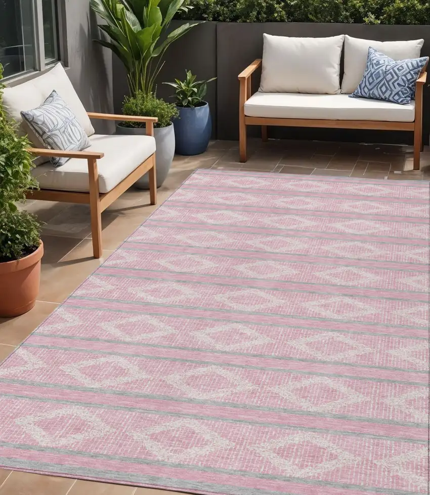 Pink Ivory And Gray Geometric Washable Indoor Outdoor Area Rug Photo 1