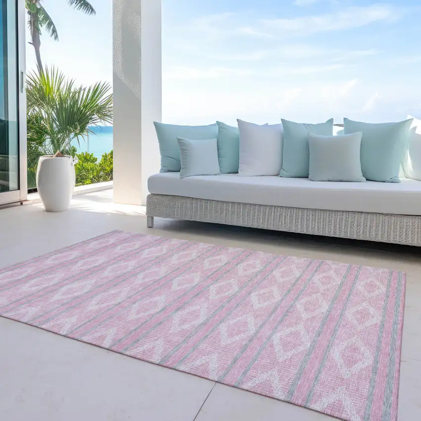 Pink Ivory And Gray Geometric Washable Indoor Outdoor Area Rug Photo 8