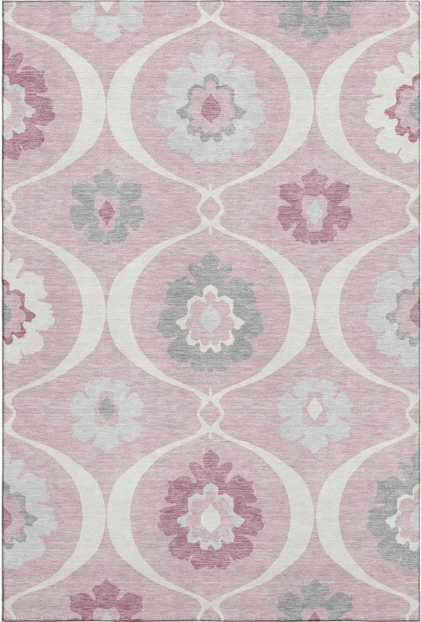 Pink Ivory And Gray Medallion Washable Area Rug With UV Protection Photo 1