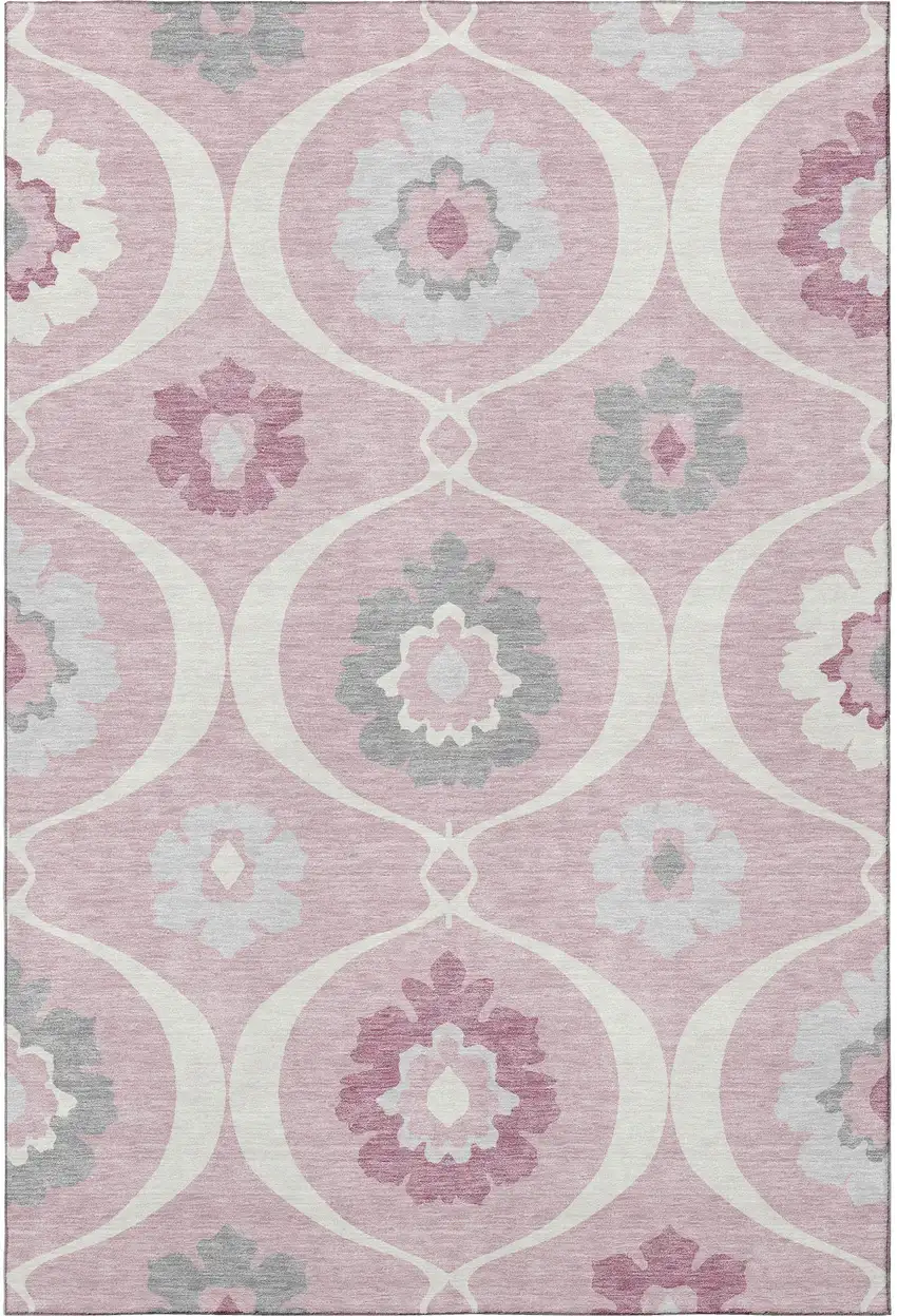 Pink Ivory And Gray Medallion Washable Area Rug With UV Protection Photo 4