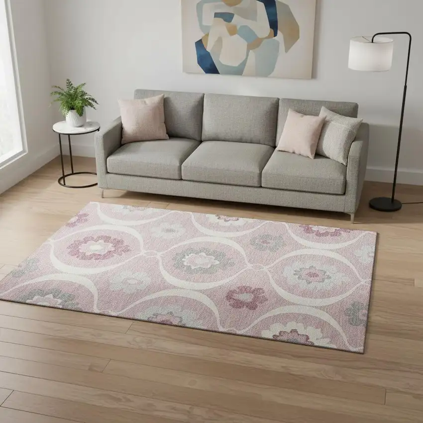 Pink Ivory And Gray Medallion Washable Area Rug With UV Protection Photo 2