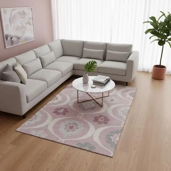 Pink Ivory And Gray Medallion Washable Area Rug With UV Protection Photo 2