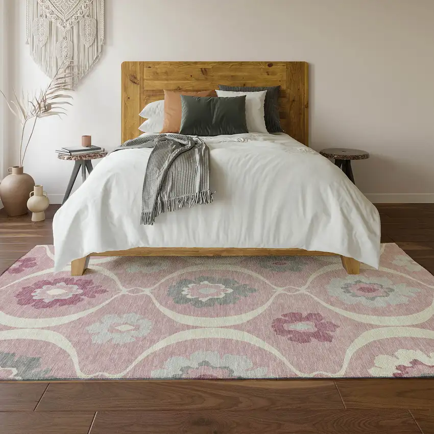 Pink Ivory And Gray Medallion Washable Area Rug With UV Protection Photo 6