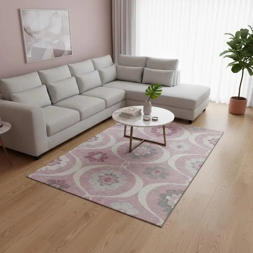 Pink Ivory And Gray Medallion Washable Area Rug With UV Protection Photo 2