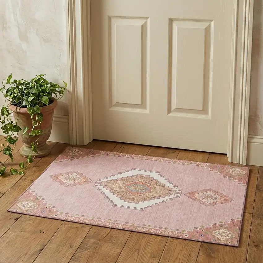 Pink Ivory And Gray Oriental Washable Area Rug With UV Protection Photo 1