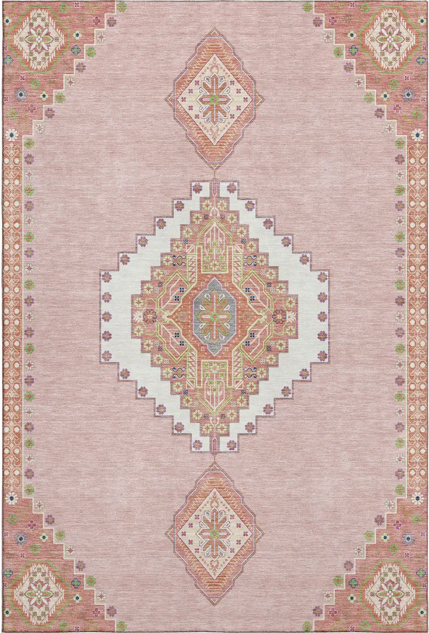 Pink Ivory And Gray Oriental Washable Area Rug With UV Protection Photo 1