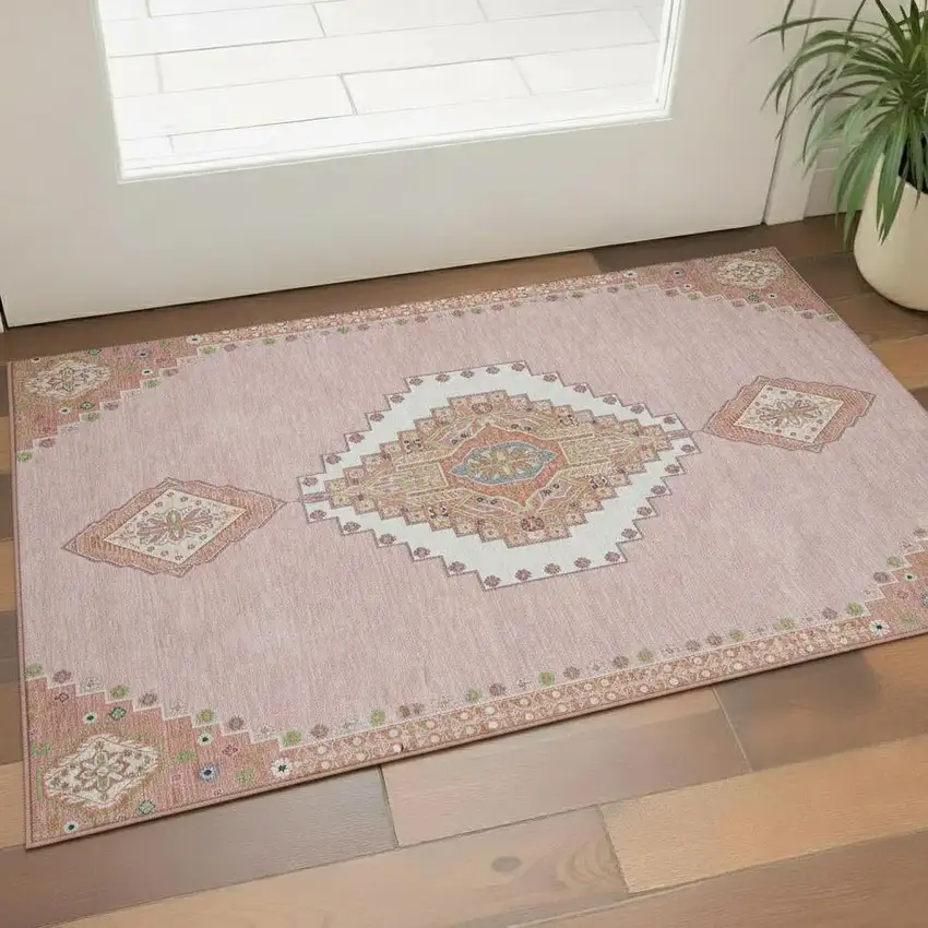 Pink Ivory And Gray Oriental Washable Area Rug With UV Protection Photo 2