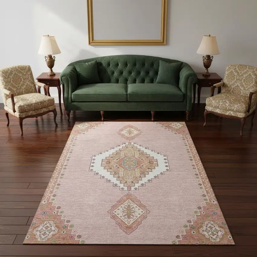 Pink Ivory And Gray Oriental Washable Area Rug With UV Protection Photo 2