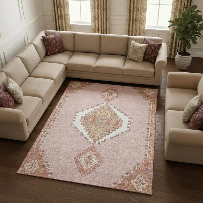 Pink Ivory And Gray Oriental Washable Area Rug With UV Protection Photo 2