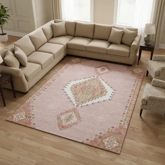 Pink Ivory And Gray Oriental Washable Area Rug With UV Protection Photo 2