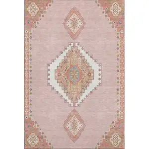 Photo of Pink Ivory And Gray Oriental Washable Area Rug With UV Protection