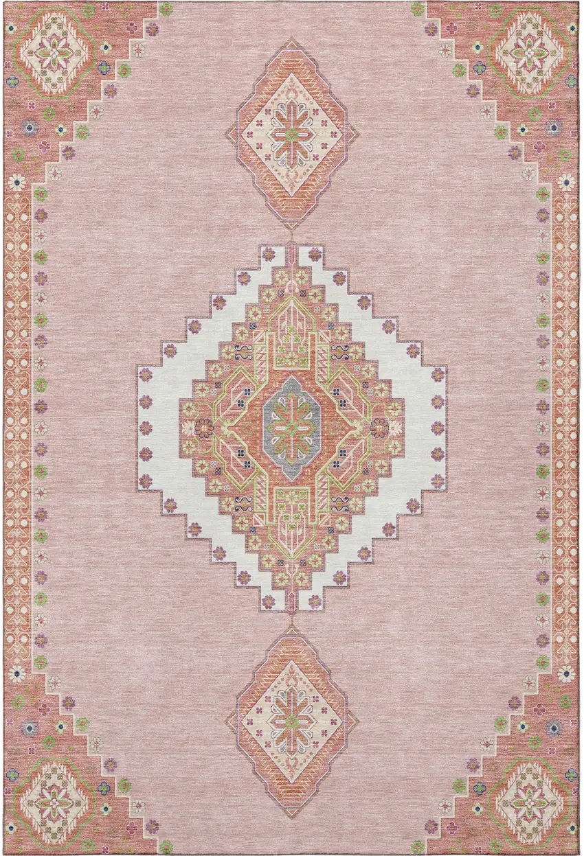 Pink Ivory And Gray Oriental Washable Area Rug With UV Protection Photo 3