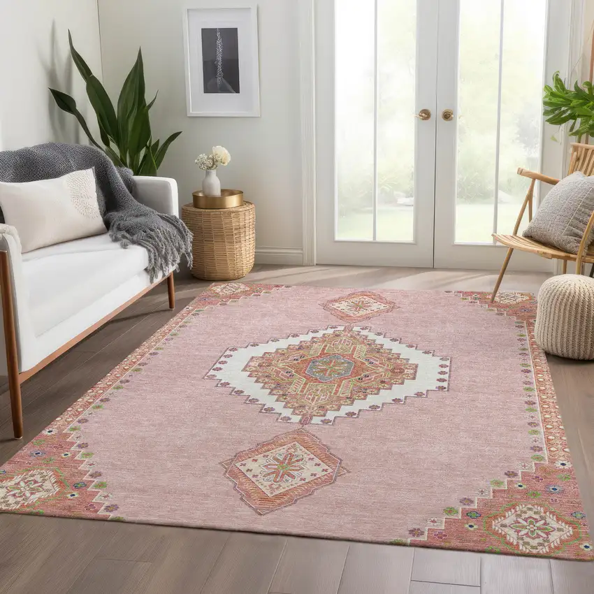 Pink Ivory And Gray Oriental Washable Area Rug With UV Protection Photo 5