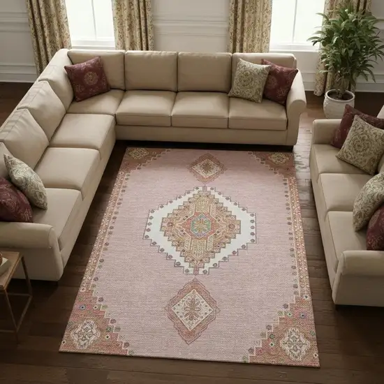 Pink Ivory And Gray Oriental Washable Area Rug With UV Protection Photo 2