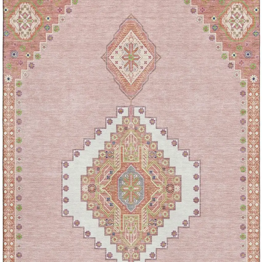 Pink Ivory And Gray Oriental Washable Area Rug With UV Protection Photo 3