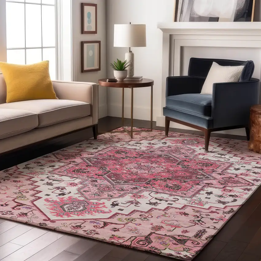 Pink Ivory And Gray Oriental Washable Area Rug With UV Protection Photo 4