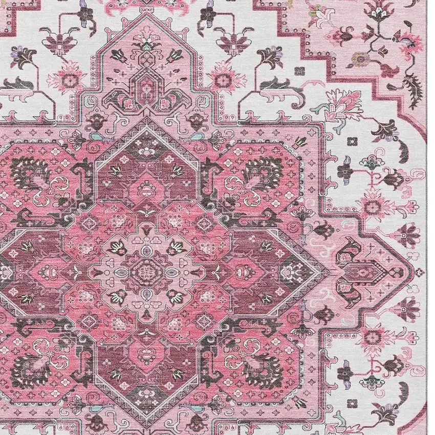 Pink Ivory And Gray Oriental Washable Area Rug With UV Protection Photo 2