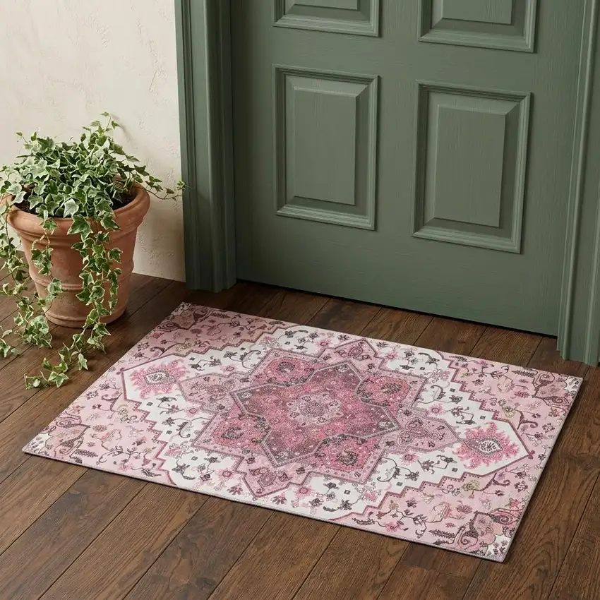 Pink Ivory And Gray Oriental Washable Area Rug With UV Protection Photo 1