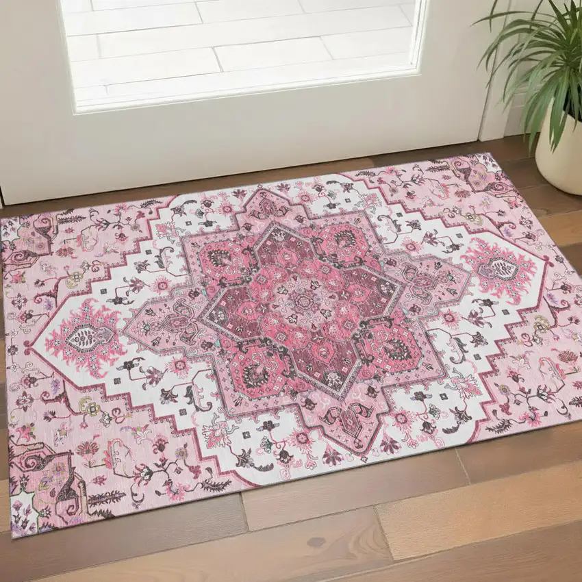 Pink Ivory And Gray Oriental Washable Area Rug With UV Protection Photo 1