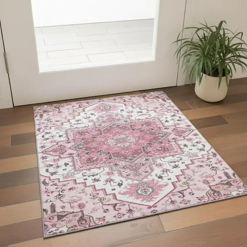 Pink Ivory And Gray Oriental Washable Area Rug With UV Protection Photo 2