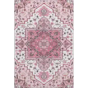 Photo of Pink Ivory And Gray Oriental Washable Area Rug With UV Protection